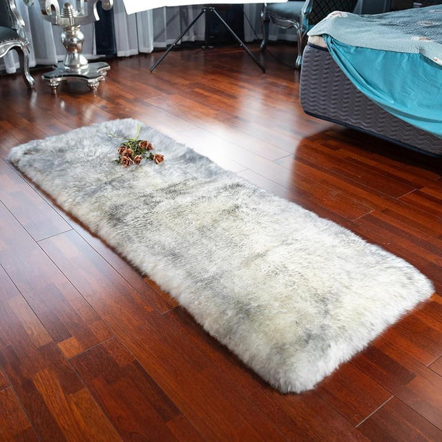 LLB Genuine Sheepskin Rug Plush Soft Throw Area Rug Fur Carpet Fluffy Shaggy Sheepskin Rug for Living Room Kids Bedroom Luxury Home Decor Rectangle (Snow Grey, 24''x72'')