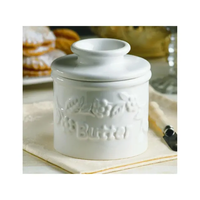 Butter Bell® Crock – Farmhouse White Raised Floral Ceramic Butter Keeper, Vintage-Style Butter Dish for Fresh, Spreadable Butter
