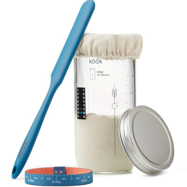 Sourdough Starter Kit, by Kook, Sourdough Starter Jar, Sourdough Bread Baking Supplies, Date Marked Feeding Band, Metal Cap, Thermometer, Silicone Spatula Scraper, Cloth Cover and Guide, 24 oz