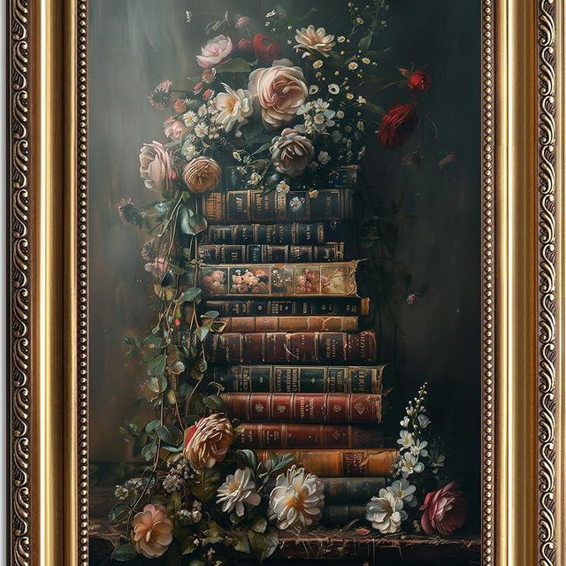 Framed Vintage Floral Wall Art - Moody Flowers Books Art Oil Painting, Vintage Wildflowers Dark Academia Floral Gallery Wall Decor Picture, Rustic Country Canvas Decor for Living Room Office 16''x24''