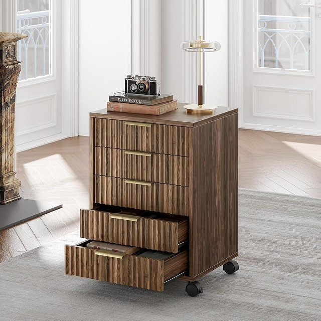 Perledesign 5 Drawer Chest, Under Desk Storage Wood Drawers with Wheels, Fluted File Cabinet for Home Office, Black Walnut