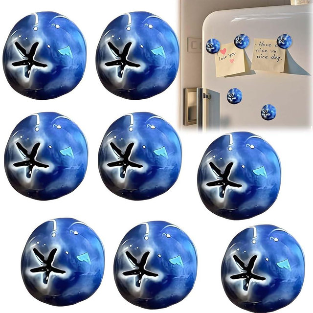Blueberry Fridge Magnets - 3D Resin Fruit Design, Mini Decorative Refrigerator Magnets, Set of 8, Ideal for Home, Kitchen, Office, and Locker