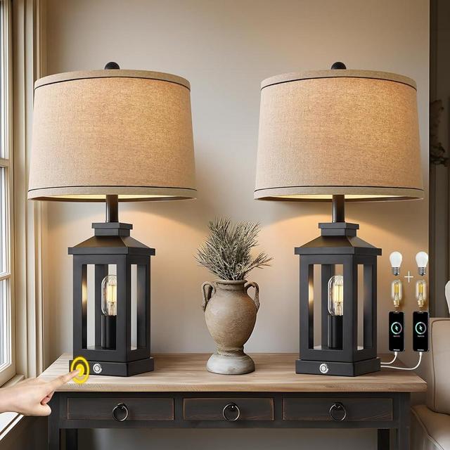 G-SAFAVA 23.75" Retro Farmhouse USB C+A Ports Table Lamp Set of 2 with 3 Way Dimmable Touch Control Black Nightlight Vintage Modern Lamp for Living Room Bedroom with 2 Light Sources(4 Bulbs Included)