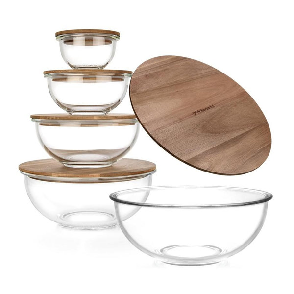 5 Nesting Glass Bowls with Acacia Lids