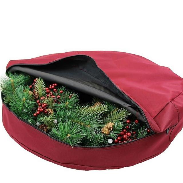612 Vermont Christmas Wreath Storage Bag Container, Woven Polyester Fabric, Padded Handle with Carabiner Clip for Suspension Hanging (36 Inch)