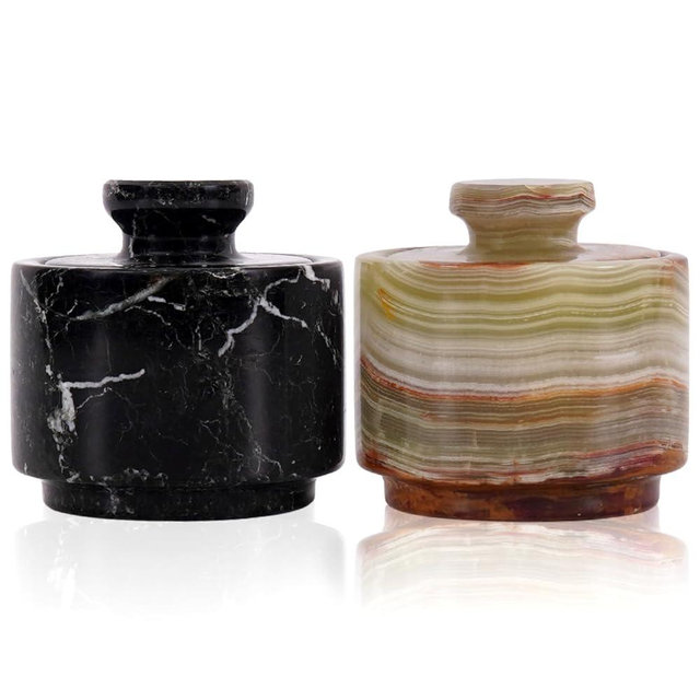 MARBLOUS KRAFTS Marble Salt Cellar 3" Inch Black Zebra & Green Onyx Celtic Salt & Pepper Bowls with Lid For Home & Kitchen, Ideal Sugar & Coffee Storage Container