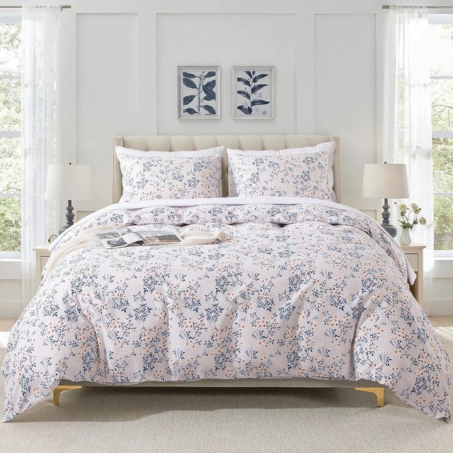 HoneiLife Cotton Duvet Cover Queen - Floral Comforter Cover 3-PC, Soft & Breathable Flower Bedding Duvet Cover Sets with Zipper Closure & Corner Ties, Wildflower Comforter Cover Sets, Blue Leaves