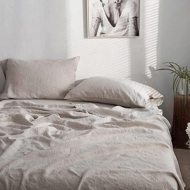 Simple&Opulence 100% Linen Sheet Set with Embroidery Washed - 4 Pieces (1 Flat Sheet & 1 Fitted Sheet & 2 Pillowcases) Natural Flax Soft Bedding Breathable Farmhouse - Linen, Full Size