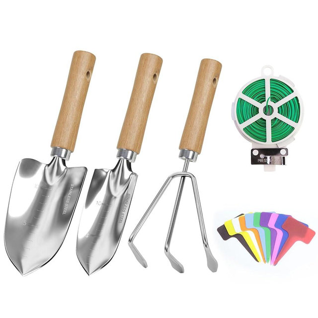 HoHaing Garden Tool Set, 3 Pieces Gardening Kit with Garden Plant Twist Tie and Plastic Plant Tag, Stainless Steel Heavy Duty Garden Tools with Wooden Handle, Gardening Gifts for Women