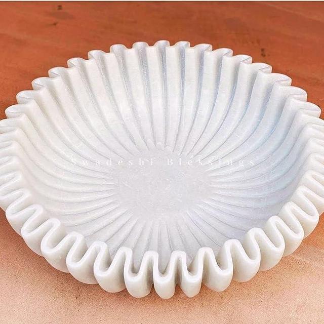 SWADESHI BLESSINGS HandCrafted Marble Ruffle Bowl/Antique Scallop Bowl/Fruit Bowl/Vintage Ring Dish/Decorative Flower Bowl/HouseWarming Gift/Wedding Gifts/Urli (12 Inches)