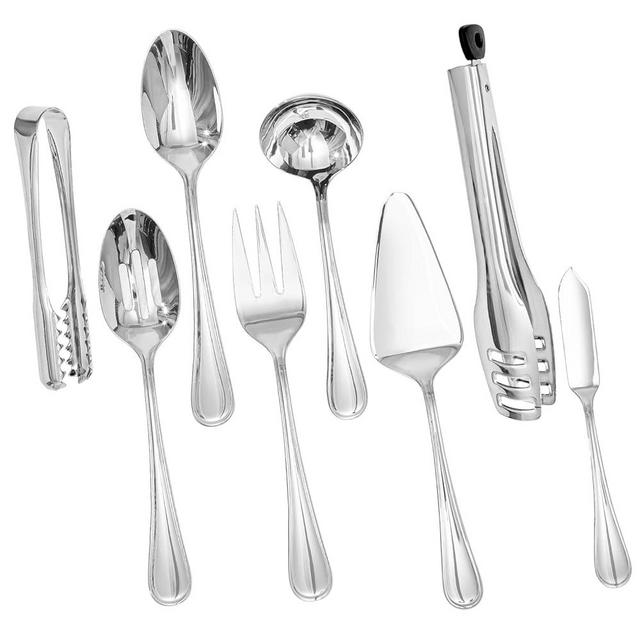 KINGSTONE 8 Piece Teardrop Serving Utensils Set, 18/10 Stainless Steel Serving Utensils, Slotted Spoons, Forks, Tongs, Cake Server, Butter Knife for Buffet, Catering, Wedding, Party