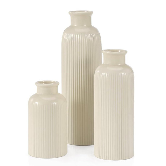 Home Decorative Ceramic Vase Set of 3, Boho Modern Beige Flower Vase Room Decor, Farmhouse Decor, Vases for Your Kitchen, Bathroom, Bedroom, Living Room, Office&Shelf Centerpiece Table Decorations