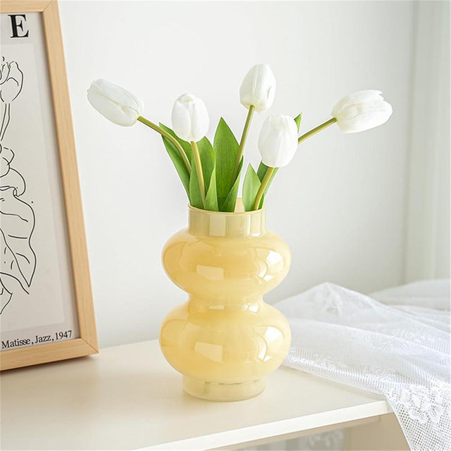 JSPYFITS Glass Hydroponic Flower Vase, Double Balls Colored Glass Bubble Vase for Flower, 7 Inches Glass Funky Vase for Home/Office/Weddings/Party Table Flower Décor (Milky Yellow)