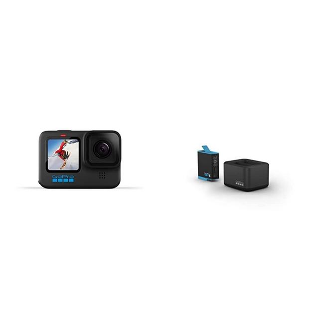 GoPro HERO10 Black - Waterproof Action Camera with Front LCD and Touch Rear Screens, 5.3K60 Ultra HD Video & Dual Battery Charger + Battery (HERO10 Black/HERO9 Black) - Official Accessory