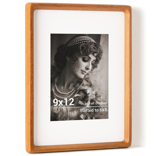 Fun Memories 9x12 Picture Frame, USA-Sourced Teak Wood Photo Frames with HD Tempered Glass, Handcrafted Rounded Corner 9 x 12 Wooden Frames Matted to 6x8 Photos, 9x12 Frame, Tabletop or Wall Display