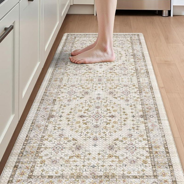 DEXI Kitchen Floor Mats Cushioned Anti Fatigue, 23x59 Long Wide Standing Comfort Runner Rug, Waterproof Retro Floral Memory Foam Padded for Front Sink Laundry, Beige/Ivory