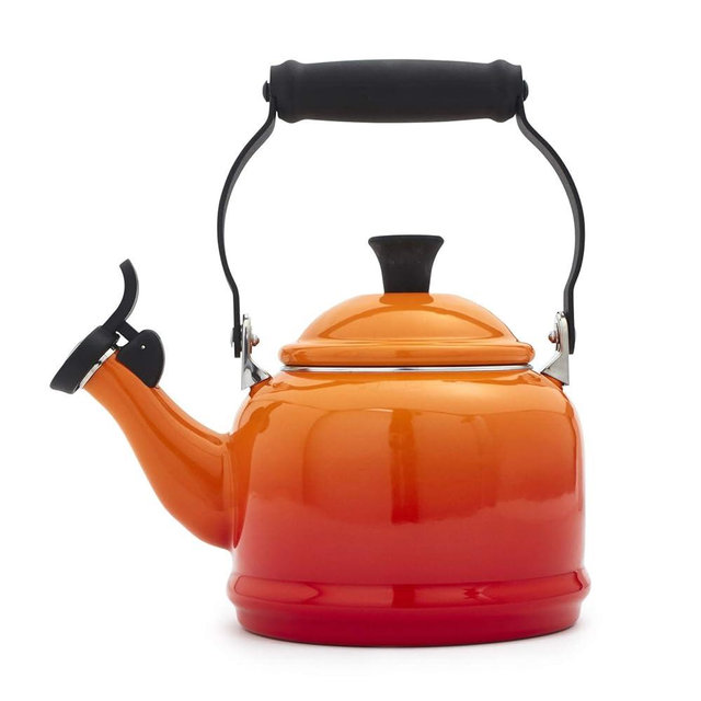 Le Creuset Enamel On Steel Demi Tea Kettle with Metal Finishes, 1.25 qt, Flame