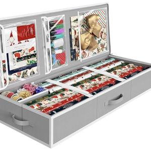 Simple Houseware 41.5" Wrapping Paper Storage Organizer - Fits 40 Rolls with Adjustable Straps, Interior Divider for Ribbons & Bows, 3 Clear Pockets for Gift Bags & Tools, 41.5''L x 16''W, Gray