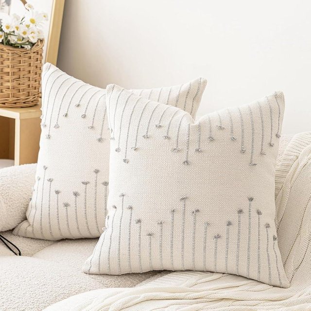 LILEPOY Boho Throw Pillow Covers 20x20 Set of 2 Neutral Decorative Textured Cushion Case Farmhouse Pillowcase Modern Square Pillow Covers for Sofa,Couch, Living Room,Beige and Grey