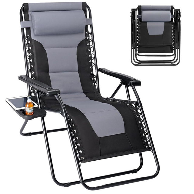 Sweetcrispy Zero Gravity Chairs, Foldable Patio Reclining Chairs with Adjustable Pillow & Cup Holder, Oversized Portable Support 400 lbs, for Backyard Camping(Black-Gray)