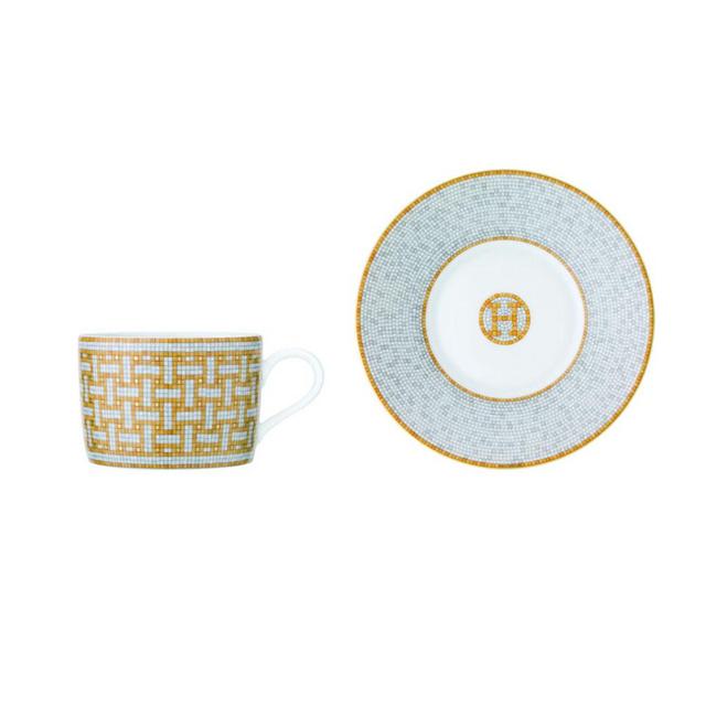 Hermes Mosaique au 24 Gold Tea Cup and Saucer – Set of 2