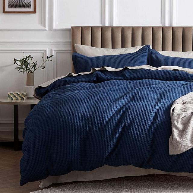 Bedsure 100% Cotton Waffle Weave Duvet Cover Set Full/Queen Size, 3 Pieces Luxury Comforter Cover, Solid Color Soft and Breathable Bedding Sets for All Seasons, Navy Blue