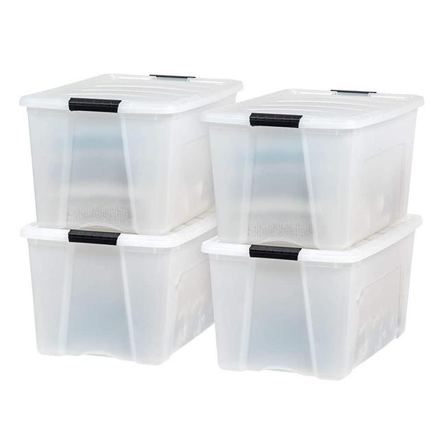 IRIS USA TB Pearl Plastic Storage Bin Tote Organizing Container with Durable Lid and Secure Latching Buckles, 72 Qt, 4 Pack