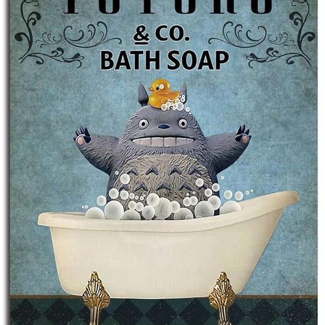 Luoboken Funny Retro Tin Signs: Totoro Bath Signs, Vintage Tin Bathroom Decor 8x12inch