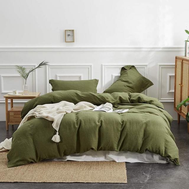 Simple&Opulence 100% Linen Duvet Cover Set 3pcs Basic Style Natural French Washed Flax Solid Color Soft Breathable Farmhouse Bedding with Button Closure (Queen, Olive)