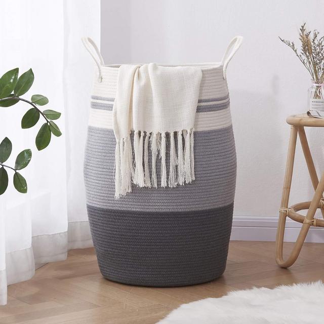 OIAHOMY Laundry Hamper Woven Rope Large Clothes Hamper 25.6" Height Tall Laundry Basket with Extended Handles for Storage Clothes Toys in Bedroom, Bathroom, Foldable (Light Grey)