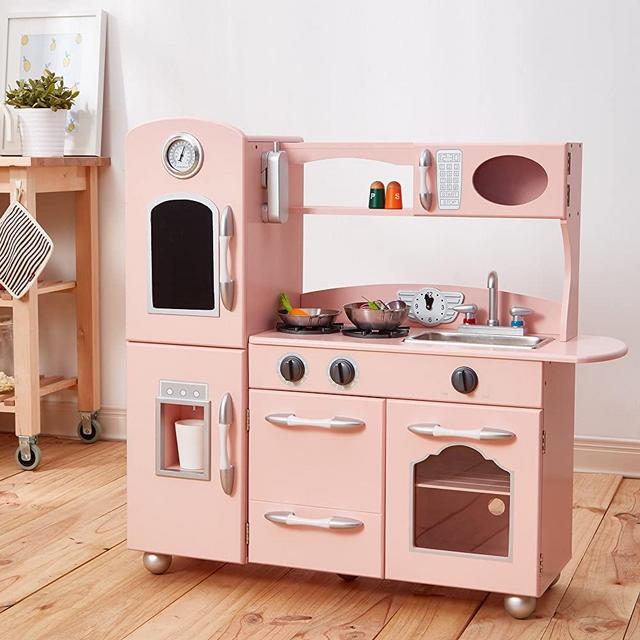 Teamson Kids - Retro Play Kitchen with Refrigerator. Freezer. Oven and Dishwasher - Pink (1 Pcs)