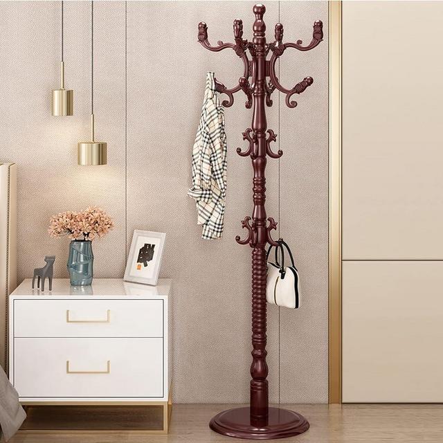 XIMSPHY Coat Rack Freestanding, Wooden Tree Coat Racks with Sturdy Round Base and 14 Hooks, Mahogany Vintage Coat Rack for Bedroom Living Room Office, for Hats Bags Coats, 185x43cm