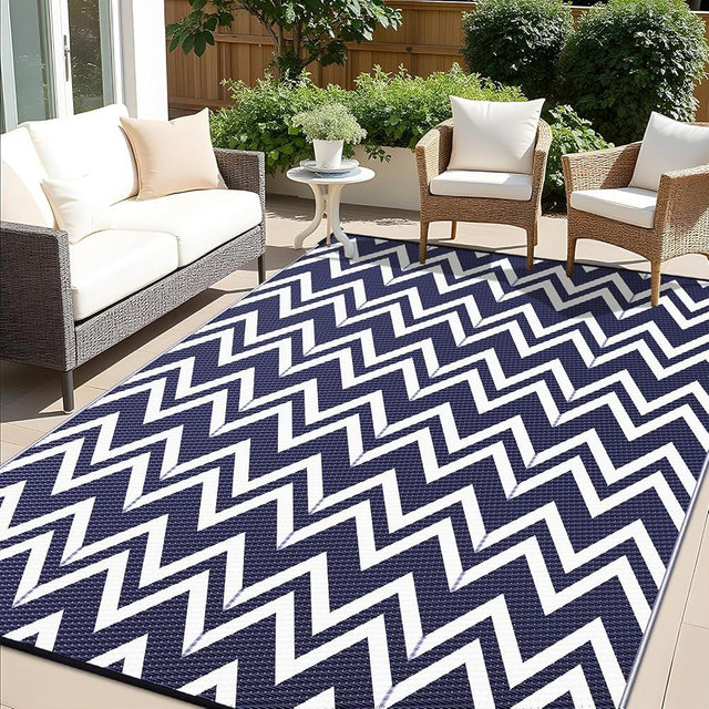OLANLY Waterproof Outdoor Rug 9x12 ft Clearance, Reversible Outdoor Plastic Straw Rug, RV Mat, Indoor Outdoor Carpet for Patio, Camping, Balcony, Deck, Backyard, Navy & White