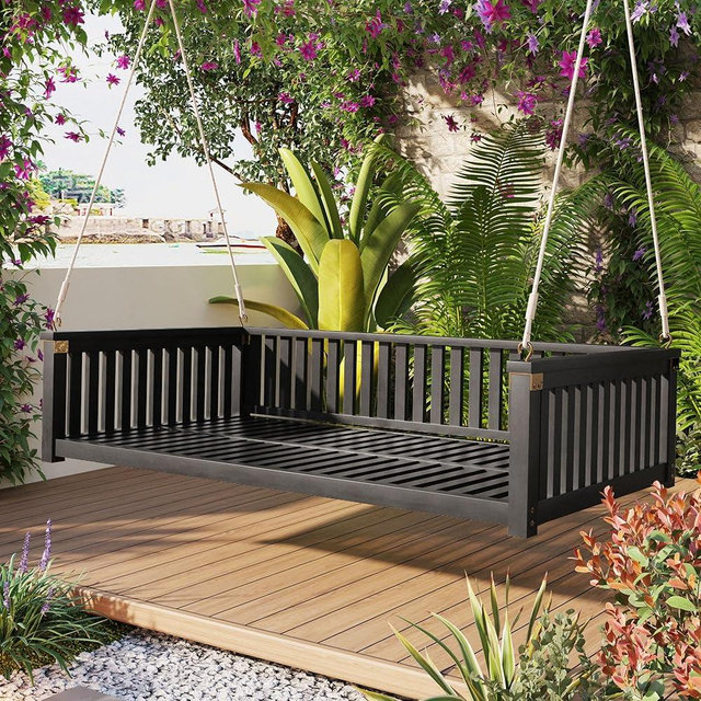 Patio Minimalist Acacia Wood Porch Swing with Hemp Rope, Twin Size Garden Swing Bed 2 Person Seating Group for Backyard Poolside, Safe Sloped Design (Black-GS)