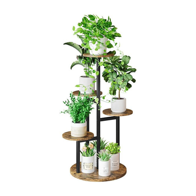 INGIORDAR Plant Stand Indoor 5 Tier 8 Potted Multiple Flower Pot Holder for Patio Garden Balcony Living Room Corner (5 Tier Black+Rustic Brown)