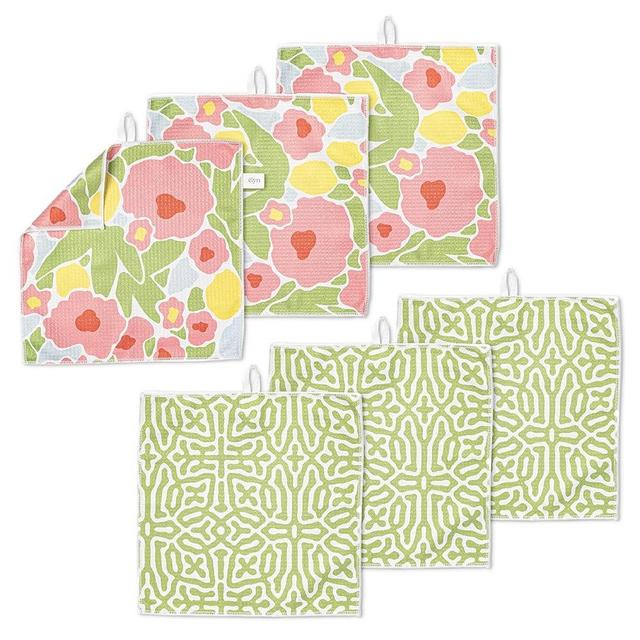 ELYN Microfiber Kitchen Dish Cloth Set, Quick-Dry & Absorbent Waffle Weave Cleaning Towels, Set of 6 Wash Cloths, Paper Towels & Sponge Alternative (Bold Floral & Geo)