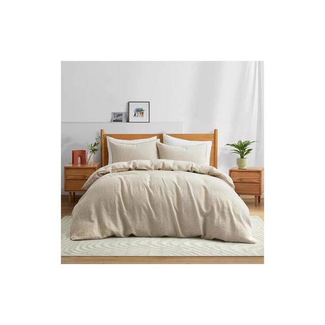 Peace Nest Linen Cotton Duvet Cover and Pillow Sham Set Moisture-Wicking and Breathable, Beige, King, 106"x90"