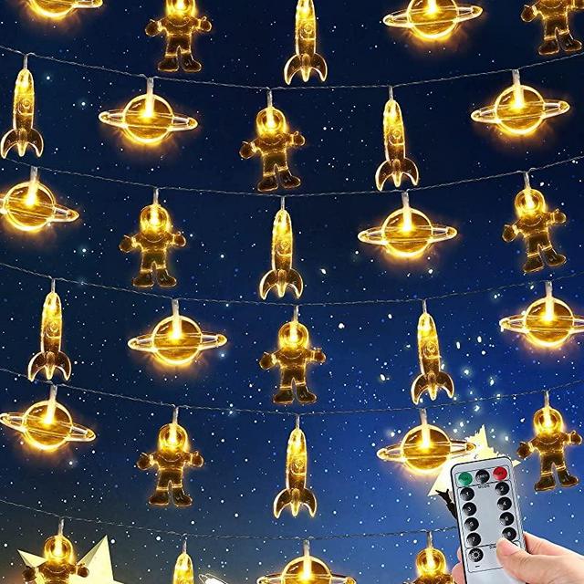 40LED 20FT Children's Room LED String Light Astronaut Spaceship Rocket Pendants String Holiday Party Lights Galaxy Themed Room Decor with Remote Control for Room Wall Party Garden Decor (Warm White)