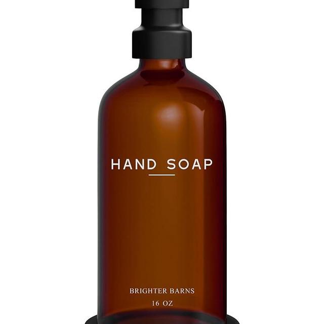 Amber Glass Hand Soap Dispenser Bathroom Set by Brighter Barns - Refillable Liquid Hand Soap Dispenser Tray and Pump Set for Kitchen - Modern Bathroom Decor & Accessories for Airbnb, RV, Hotel (Amber)