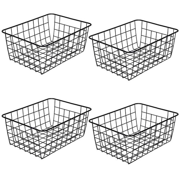 LeleCAT Bin Baskets with Handles Wire Storage Organizer Baskets, Household Refrigerator for Cabinets, Pantry, Closets, Bedrooms - Set of 4（Black）