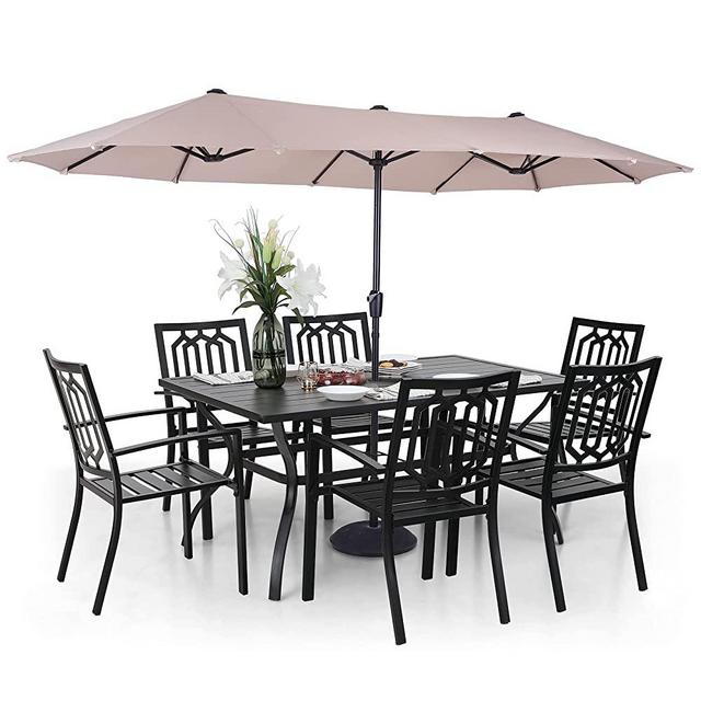 Sophia & William Patio Dining Set with 13ft Double-Sided Patio Umbrella, 8 Piece Outdoor Table Furniture Set - 6 x Metal Outdoor Chairs, 1 x Metal Rectangle Dining Table and 1 Large Beige Umbrella