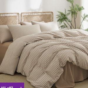 Nayoroom 3 Pieces Gingham Duvet Cover 100% Washed Cotton Plaid Checkered Duvet Cover Set Modern Grid Bedding Set With Zipper Closure Corner Ties - Brown, Queen Duvet Cover + 2 Standard Pillowcases