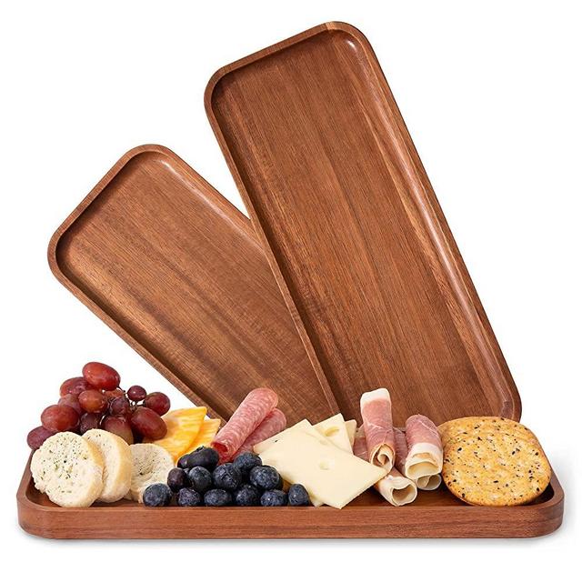 Solid Acacia Wood Serving Trays (14 x 5.5 inches) Rectangular Wooden Large  Serving Platters for Food, Wooden Tray for Charcuterie, Appetizer Serving