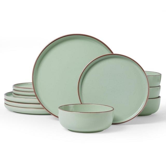 Famiware Mercury Plates and Bowls Sets, 12 Pieces Stoneware Dinnerware Sets, Dishes Set for 4, Microwave and Dishwasher Safe, Light Green