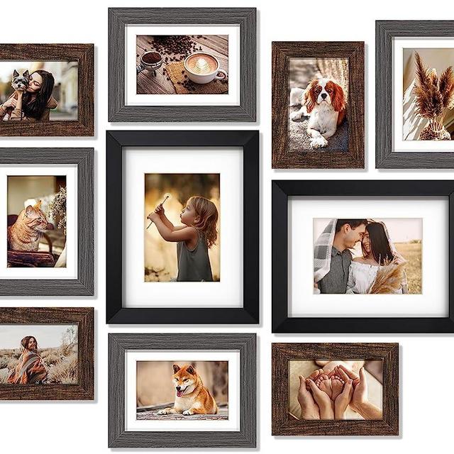 Picture Frames Set for Wall Gallery - 10 Pack Assorted Color Rustic Wooden Collage Photo Frame with Mat for Wall Decor or Tabletop Display Including Two 8x10 / Four 5x7 / Four 4x6 - Black Gray Brown
