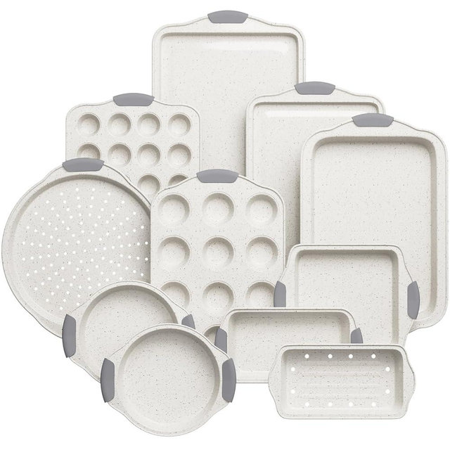 11-Piece Nonstick Bakeware Set – Stackable Baking Pans Include Cookie Sheets, Muffin Pan, Loaf Pan, Pizza Pan, Cake Pan & More – Oven Safe, Space-Saving Design, Gray & White