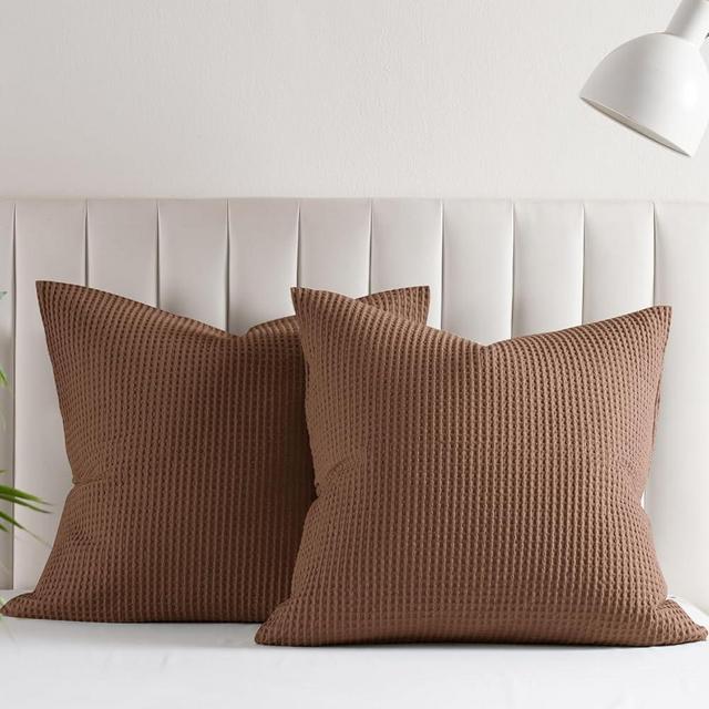 PHF 100% Cotton Waffle Weave Throw Pillow Cover, 24" x 24", No Insert, 2 Pack Elegant Home Decorative Square Throw Pillow Covers for Bed Couch Sofa, Cappuccino