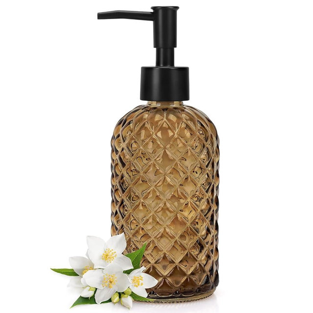 Topsky Gem Glass Soap Dispenser with Black Plastic Pump, 13oz Liquid Hand Soap Dispenser, Rustproof Pump for Kitchen & Bathroom, Great for Lotions, Essential Oil, Liquid Soaps-Amber