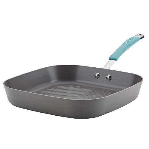 Rachael Ray Cucina Hard-Anodized Nonstick 11-Inch Deep Square Grill Pan, Gray with Blue Handles - 87665