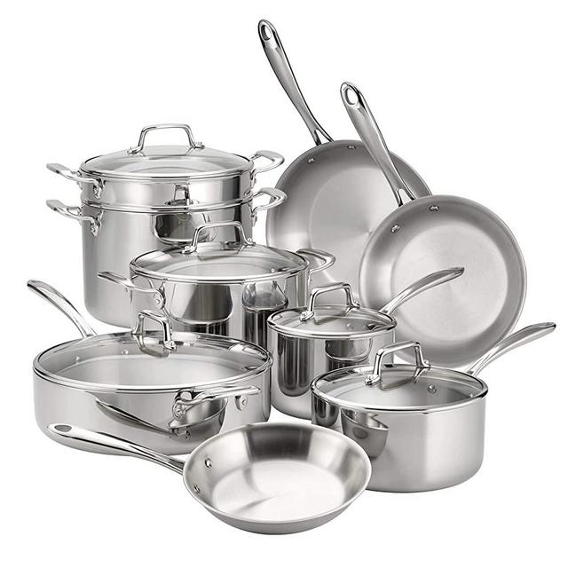 Tramontina Stainless Steel Tri-Ply Clad 14-Piece Cookware Set, Glass Lids, 80116/1013DS